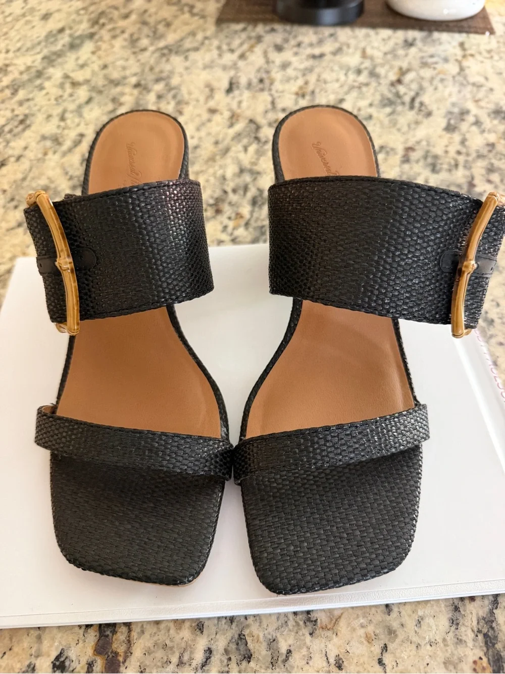 🩷New! Black Textured Slide Sandal Heels with Gold Accent Buckle Size 8